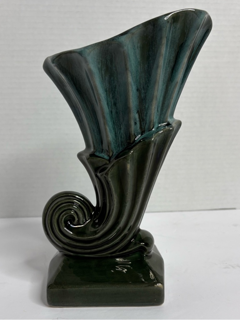 Beauceware Art Deco-Inspired Glazed Ceramic Cornucopia Vase Deep Green and Teal